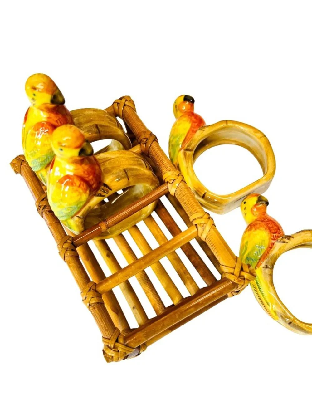 Retro 1980s Ceramic Parrot Napkin Rings & Bamboo Caddy Set MCM Tropical Decor